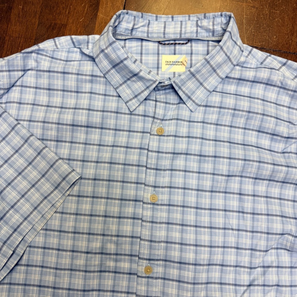Fair‎ Harbor Button Shirt Mens 2XL Blue Plaid Short Sleeve Performance Stretch
